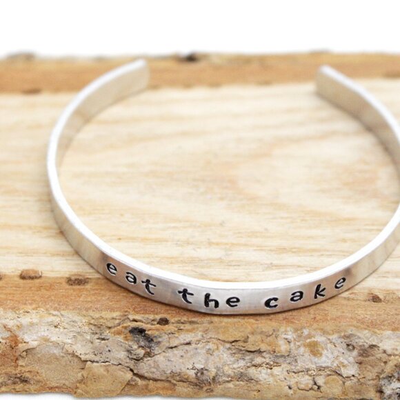 Eat The Cake - Hand Stamped Anodized Aluminum Bangle - Adjustable - Picture 6 of 11